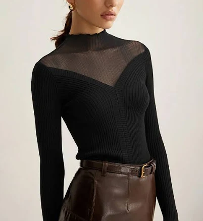Wool Blend Mesh Panel Mock Neck Top