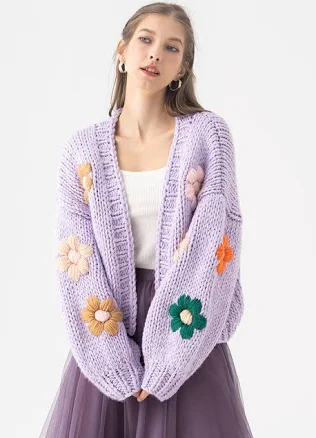 Stitch Flowers Hand-Knit Chunky Cardigan