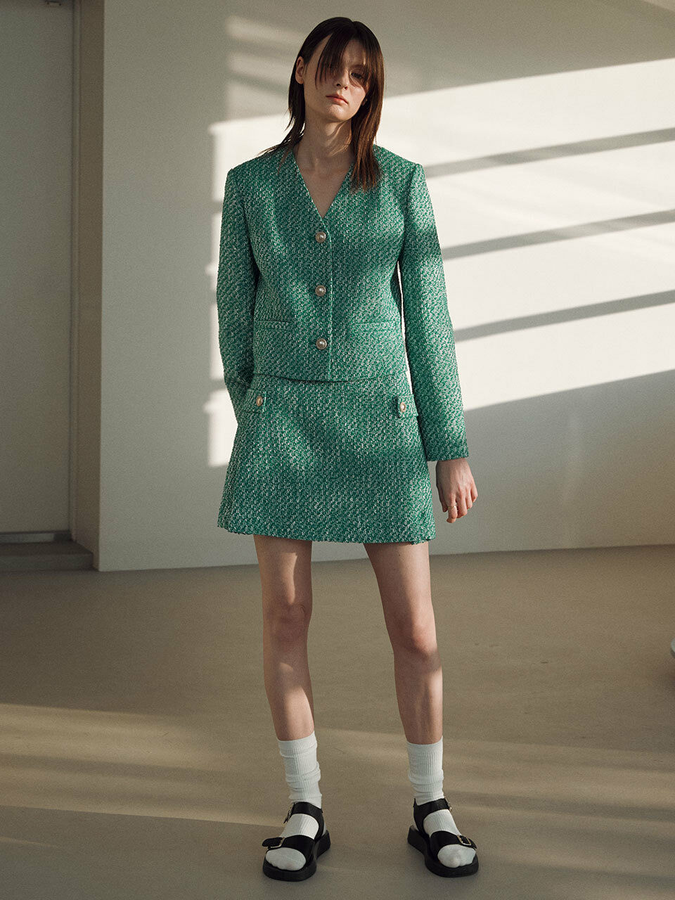 Classic Collarless Tweed Jacket