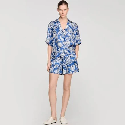 Sandro Women's viscose Floral print shorts for Spring/Summer, size 10, in color Blue / Ecru /
