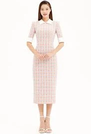 Silk Satin Collar Tweed Slimline Dress