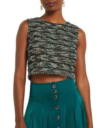Misook Women's Cropped Fringe-Trim Tweed Tank