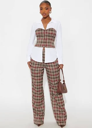Fashion Nova Long Sleeve Poplin Blouse and Pant Set