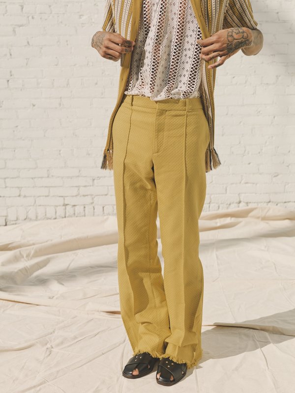 CMMN SWDN Dalton Jacquard Fringe Hem Flare Trousers