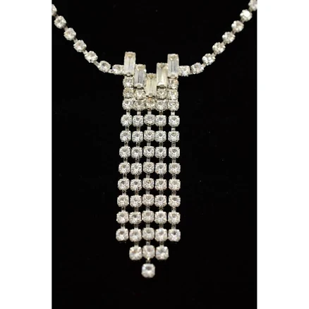 Vintage Baguette Crystal Necklace Rhinestone Collar Fringe Choker