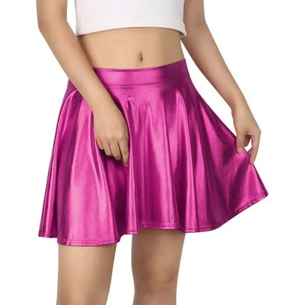 Hde Women's Shiny Liquid Metallic Pleated Flared Skater Skirt