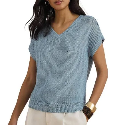 Lauren Ralph Lauren Women's Linen-Blend Ribbed V-Neck Short Dolman