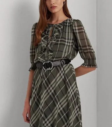 LAUREN Ralph Lauren Women's Plaid Crinkle Georgette Tie-Neck Midi Dress