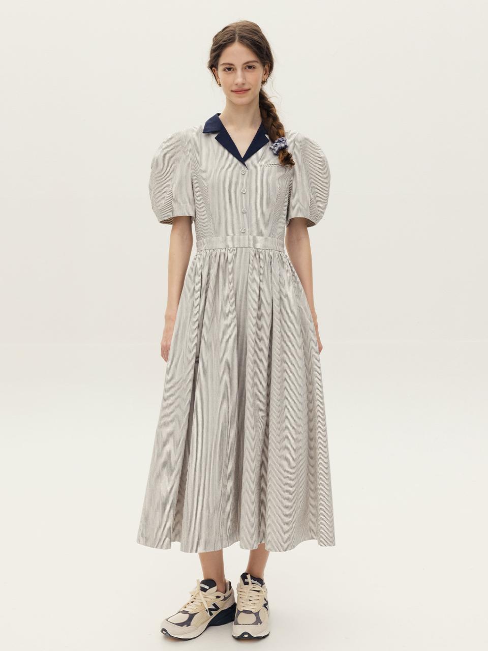 Hollywood Shirring Detail Dress [Navy pin stripe]