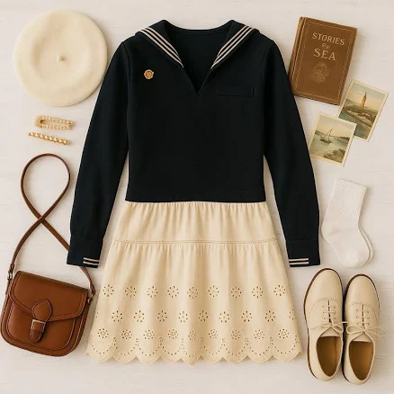 Navy Blue Sailor Dress Collared Long Sleeve Military Jacket & Lace