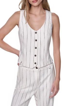DKNY Women's Heavy Topstitch Striped Linen Blend Vest