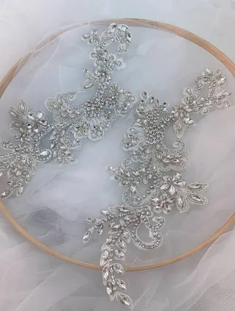 Rhinestone Crystal Appliques, Tulle Crystale Beading Lace Collar with Lace Backing Wedding Dress Bridal Cover Up
