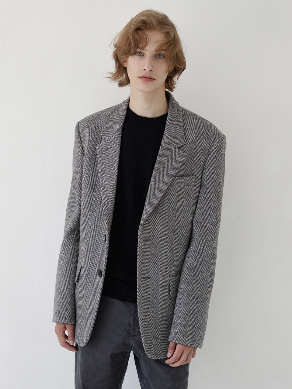 YEOUIDO Relaxed Fit Blazer (Gray Herringbone)