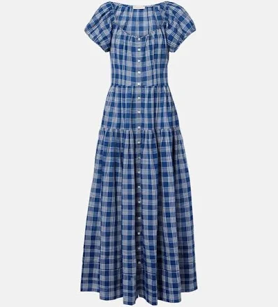 Valenne Tiered Checked Organic Cotton Midi Dress In Blue