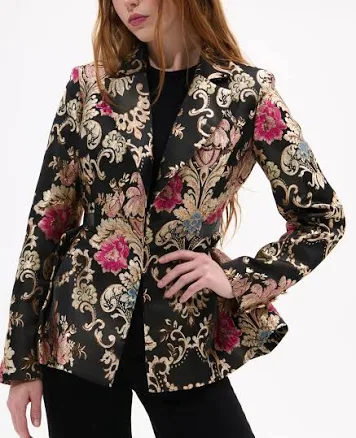 Azalea Wang Casha Baroque Metallic Floral Jacquard Peplum Blazer