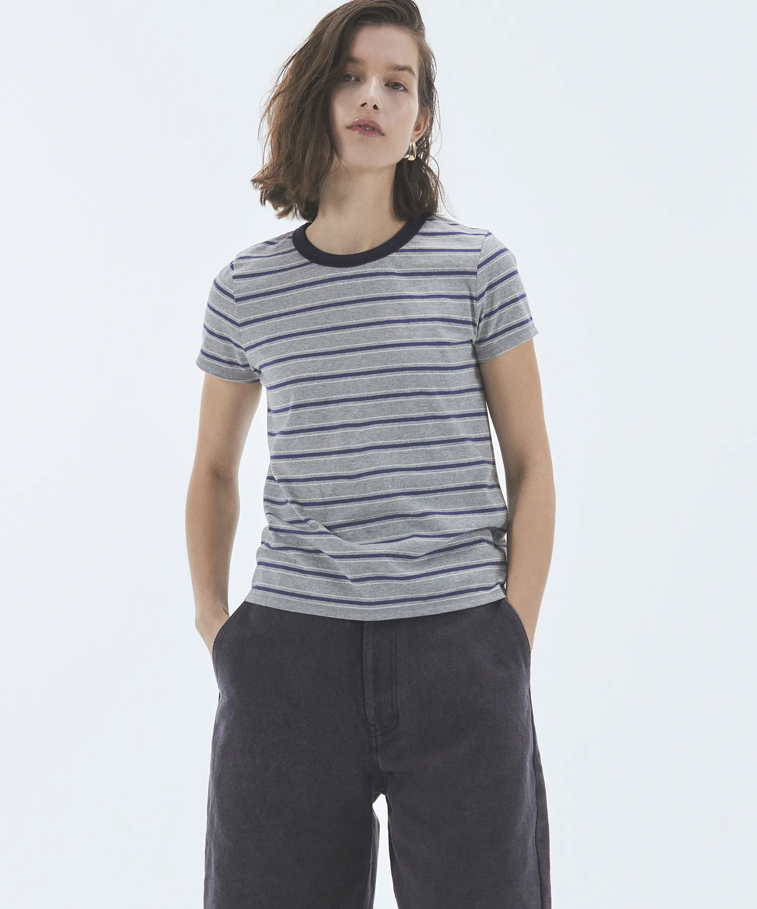 STRIPE CROP SHORT SLEEVE T-SHIRT GRAY