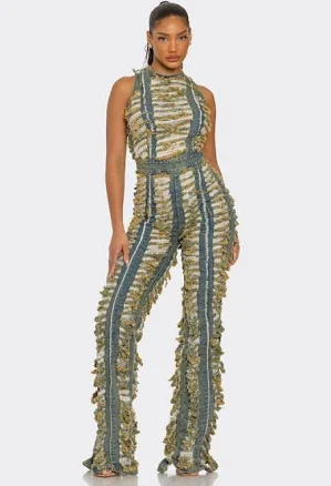 Raw Edge Frayed Denim Jumpsuit