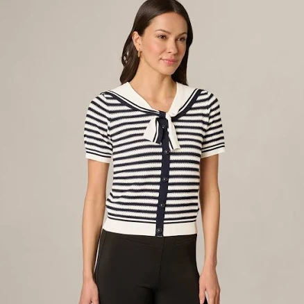 Adrianna Papell Women's Stripe Shawl Collar Short Sleeve Sweater