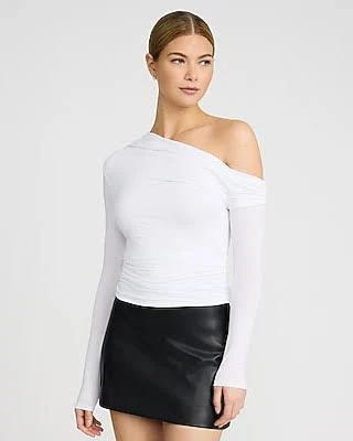 Express Women's Asymmetrical Off The Shoulder Ruched Long Sleeve T-Shirt
