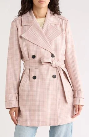 AVEC LES FILLES Women's Double Breasted Plaid Trench Coat