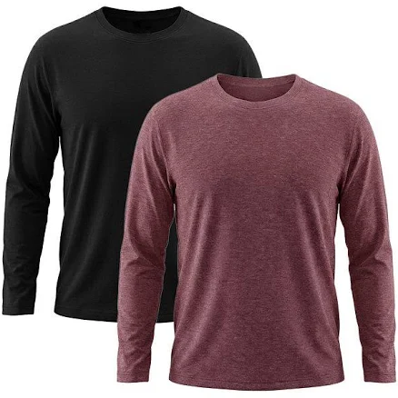 2 Packs Men's Casual t Shirt Crew Neck Long Sleeve Slim Fit Soft Stretch Basic T Shirts, Size: Small, Burgundy Black
