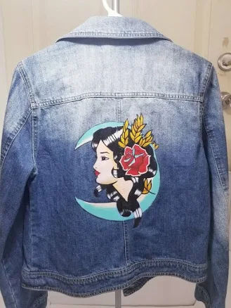Custom Painted Hand Made Denim Jacket L Traditional Girl Head Tattoo