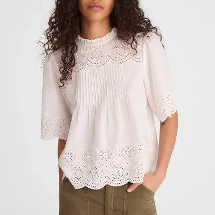 Madewell Women's Embroidered Pintuck High-Neck Cotton Voile Top
