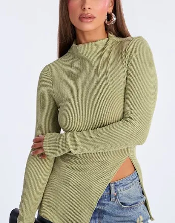 Fashion Nova Long Sleeve Ribbed Mock Neck Blouse