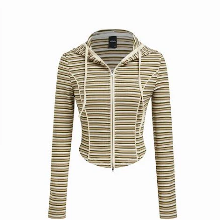 Knit Fabric Long Sleeve Zip Through Drawstring Curved Hem Hoodie