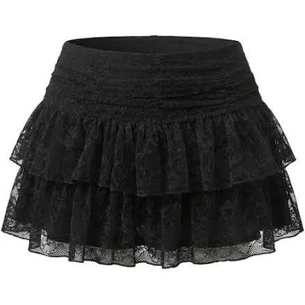 Y2K Floral Lace Tiered Ruffle Skirt