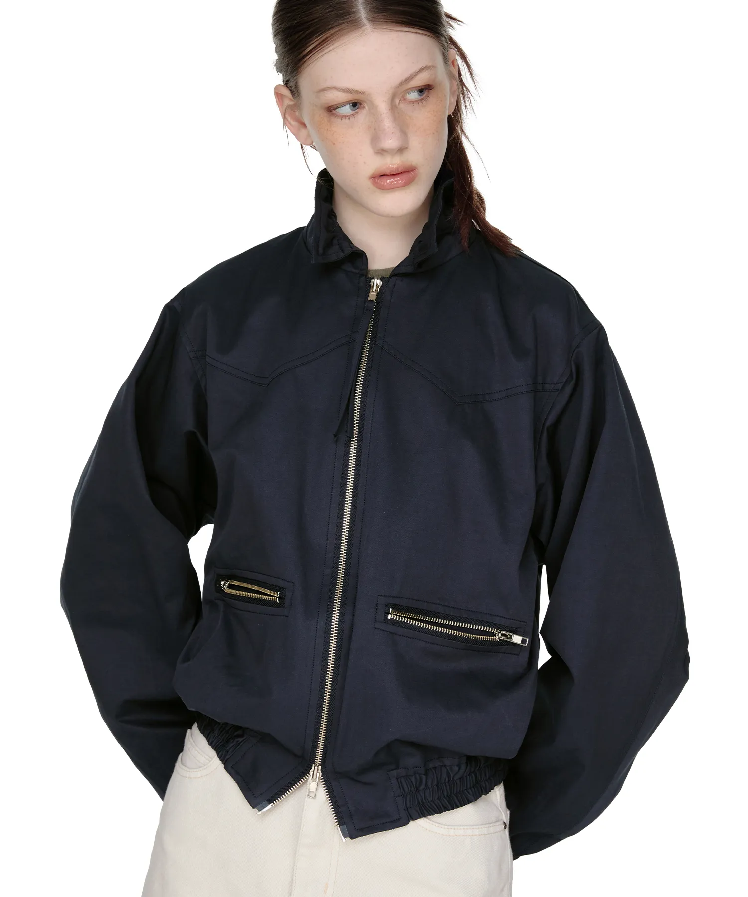 String Bomber Shirring Jacket, NAVY
