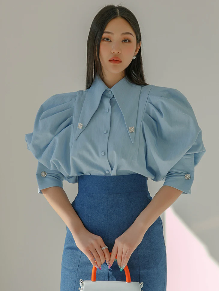 S669 Denim Big Collar Puff Blouse