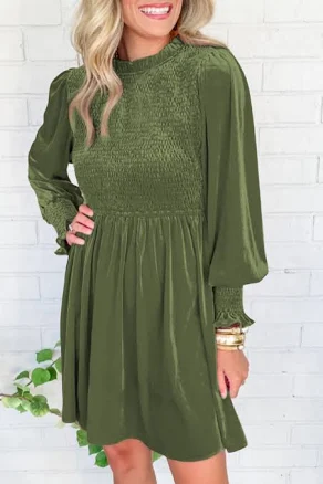 Moss Frilled Neck Smocked Bodice Velvet Dress