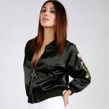 Black Satin Women’s Embroidered Bomber Jacket