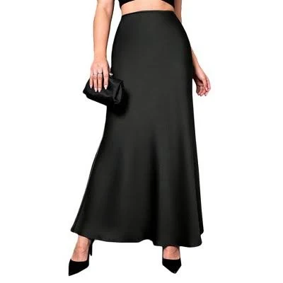 Satin Maxi Skirt for Women - High Waist Elegant Long Skirt with Side Slit, Formal Evening Wear for Weddings, Parties & Special Occasions Black L