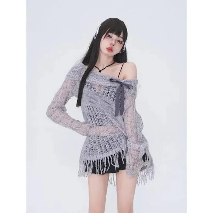 Grunge Y2K Hollow Out Vintage Punk Off-Shoulder Bow Knit Sweater