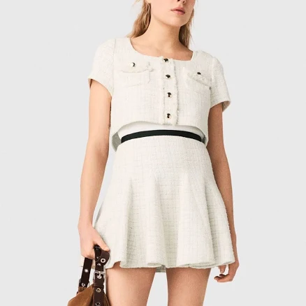 Maje Women's cotton 2-in-1 tweed dress for Spring/Summer, size Large, in color Ecru / Beige