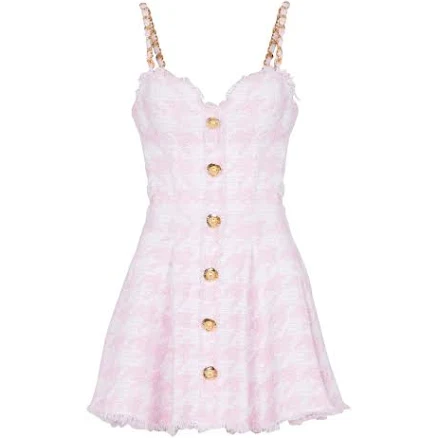 Balmain Women's Strappy Houndstooth Tweed A-Line Dress
