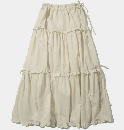 PLACE STUDIO Ruffled Flare Ribbon Shirring Long Cotton Skirt
