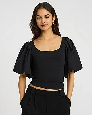 Express Women's Studio Stretch Crepe Scoop Neck Puff Sleeve Top