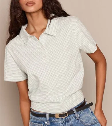 PrettyLittleThing Women's Striped Collared Fitted Cotton Jersey T-Shirt