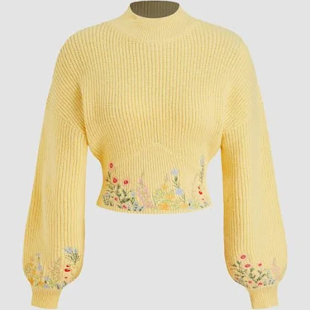 CIDER Women's Floral Embroidery High Neck Long Sleeve Knit Crop Top