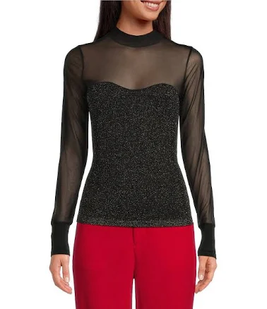 A Loves A Sheer Illusion Mesh Mock Neck Long Sleeve Full Length Top