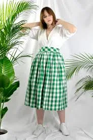 Green check, gingham skirt, 100% cotton, full gathered midi skirt, classic casual style skirt.