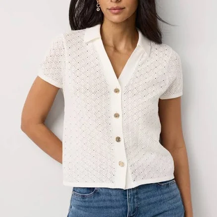 White House Black Market Women's Textured Stitch Collared Cardigan Sweater