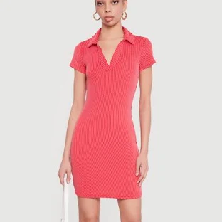 Women's Rib Knit Short Sleeve Mini Polo Dress