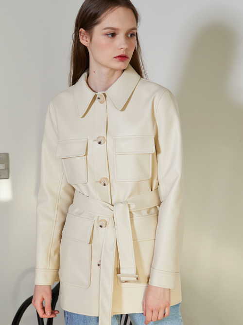 Ivory Faux Leather Half Belt Jacket