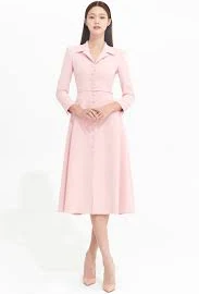 Slim Line Belted Flare Crepe Coat Dress