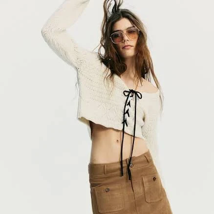 H&M Ladies Pointelle-knit Cardigan with Lacing-Detail