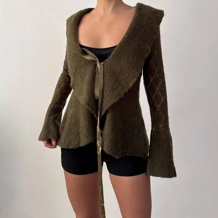Vintage Wool Blend Ribbon Tie Front Flared Sleeve Cardigan